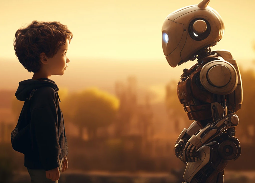 A young boy standing face-to-face with a humanoid robot at sunset, symbolizing the connection between humans and artificial intelligence.